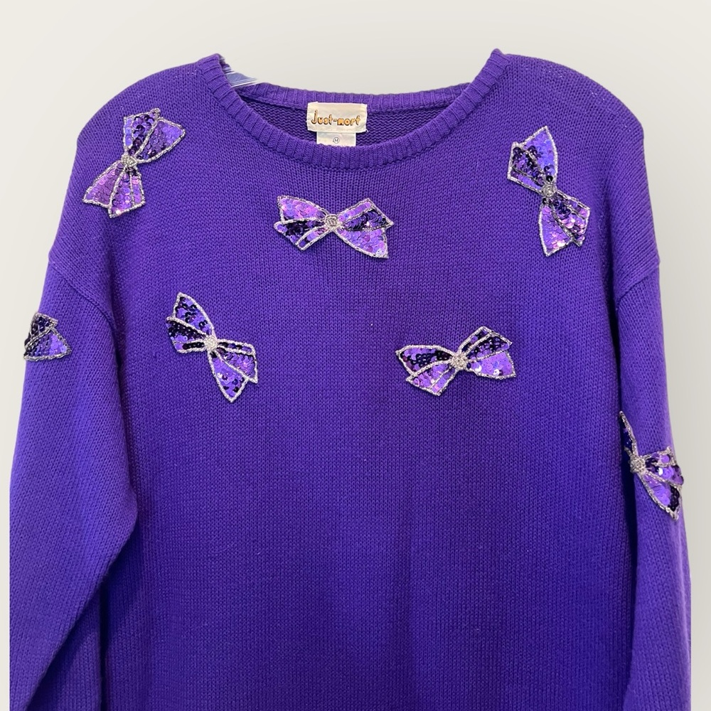 Vintage Just-Mort 80s Purple Sequined Bows Sweater Dress Sz M - Picture 3 of 5